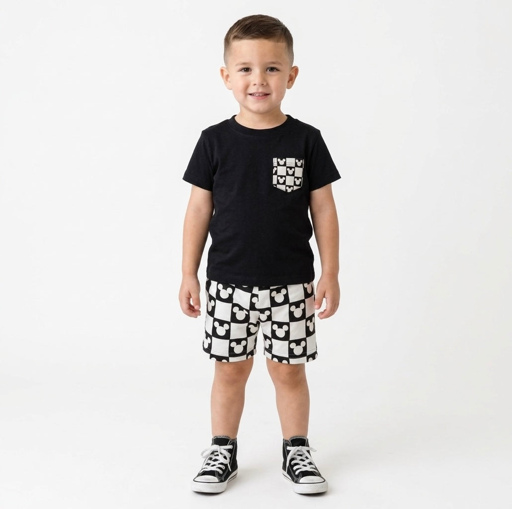 Kids Mouse Checkered Pocket Tee Family Graphic Tee | Black