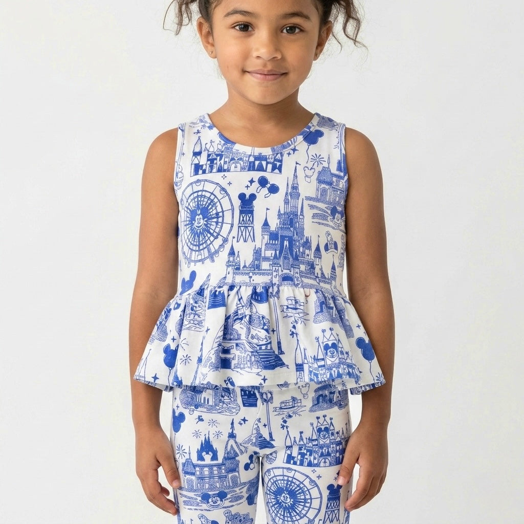 Kids Handcrafted Park Toile Peplum Tank & Optional Bottoms