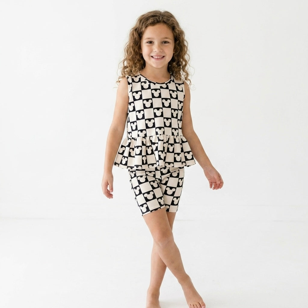 Kids Handcrafted Monochrome Mouse Checks Peplum Tank & Optional Bottoms