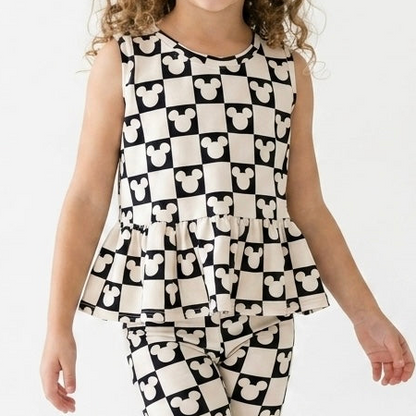 Kids Handcrafted Monochrome Mouse Checks Peplum Tank & Optional Bottoms