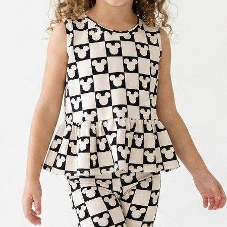 Kids Handcrafted Monochrome Mouse Checks Peplum Tank & Optional Bottoms