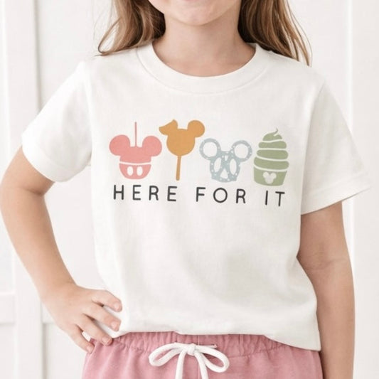 Kids “Here for the Snack” Graphic Tee & Optional Bottoms | Pastel Tones