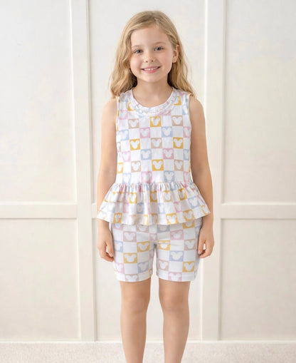 Kids Handcrafted Pastel Mouse Check Ruffle Top & Optional Bottoms