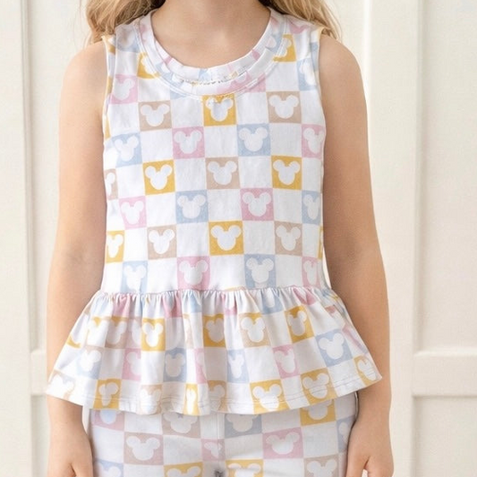 Kids Handcrafted Pastel Mouse Check Ruffle Top & Optional Bottoms