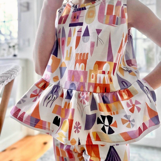 Kids Handcrafted Small World Ruffle Tank & Optional Bottoms