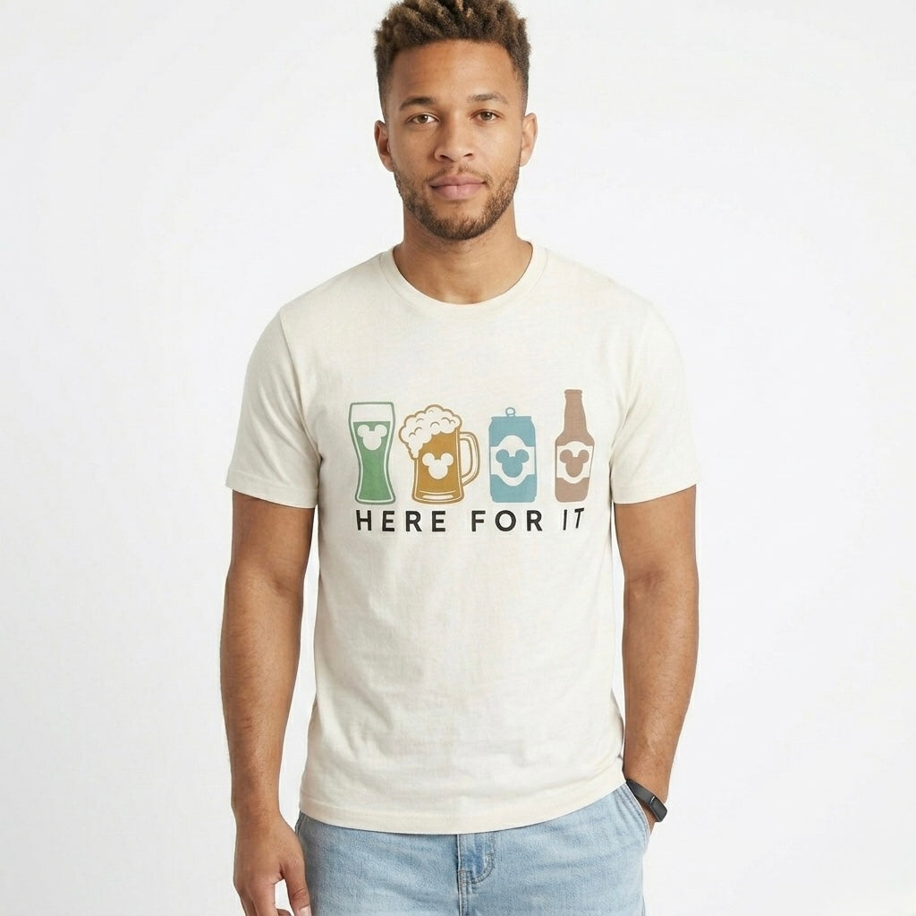 “Here for it" Adult Theme Park Drinks Graphic Tee | Pastel Tones