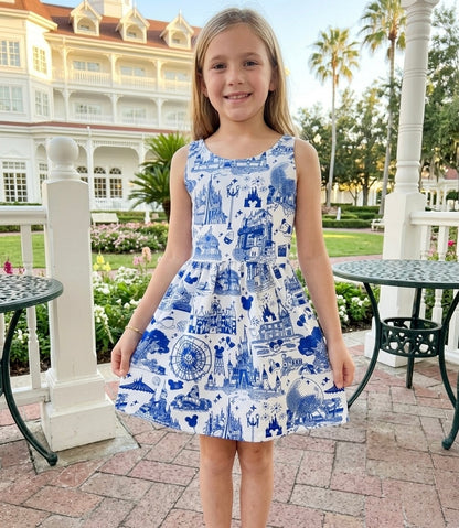 Kids Handcrafted Theme Park Toile Twirl Dress