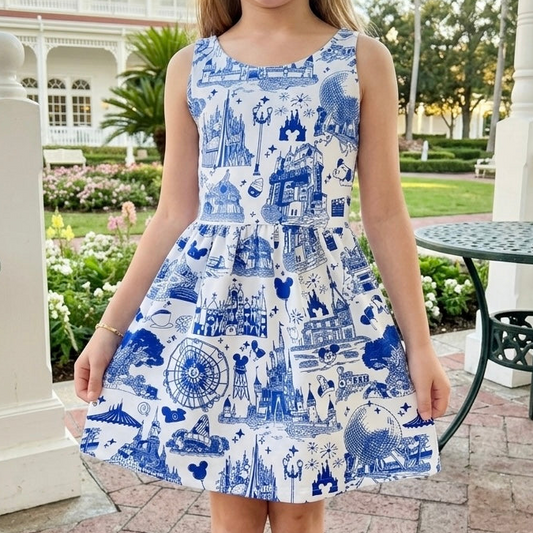 Kids Handcrafted Theme Park Toile Twirl Dress