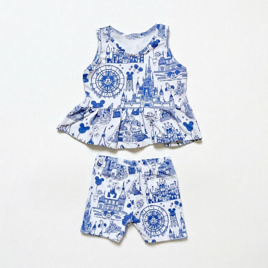 Kids Handcrafted Park Toile Peplum Tank & Optional Bottoms