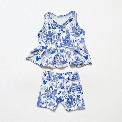 Kids Handcrafted Park Toile Peplum Tank & Optional Bottoms