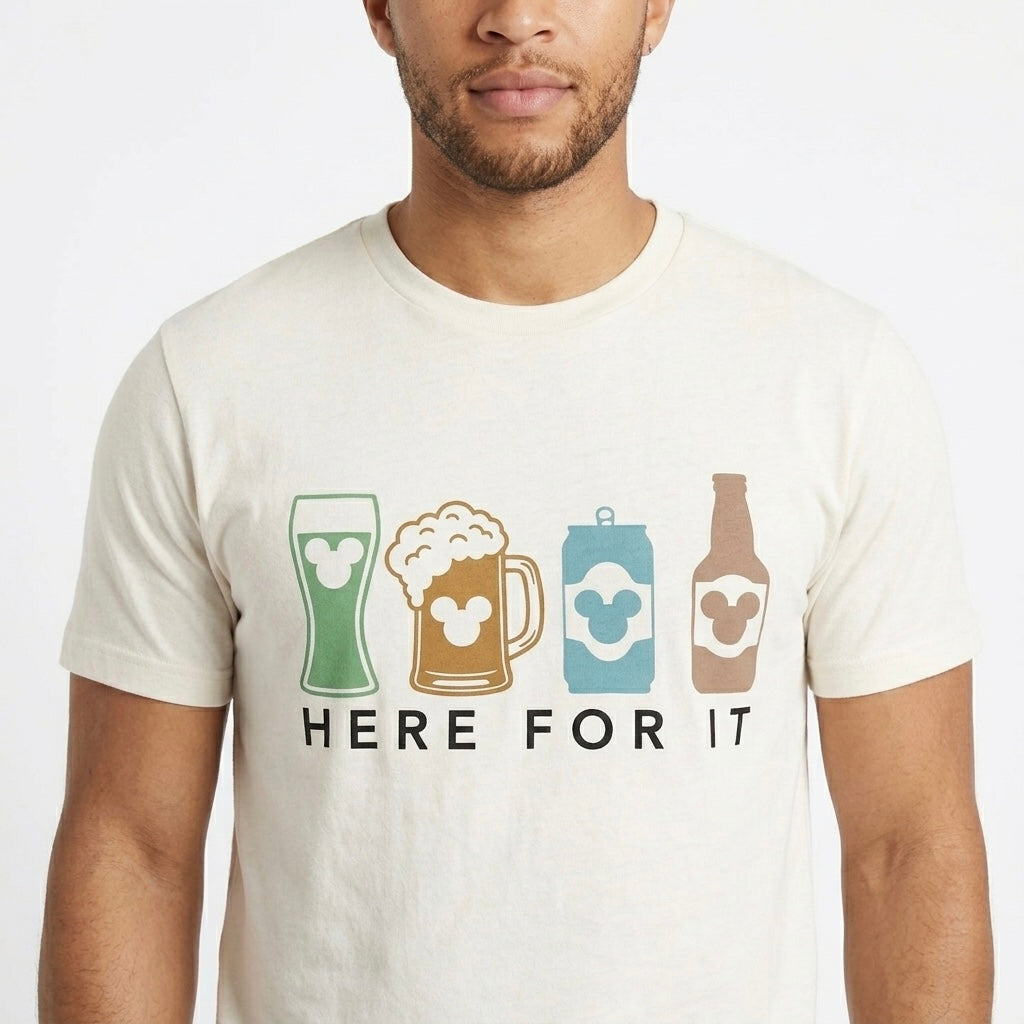 “Here for it" Adult Theme Park Drinks Graphic Tee | Pastel Tones