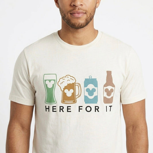 “Here for it" Adult Theme Park Drinks Graphic Tee | Pastel Tones