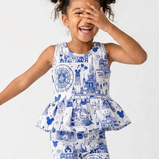 Kids Handcrafted Park Toile Peplum Tank & Optional Bottoms