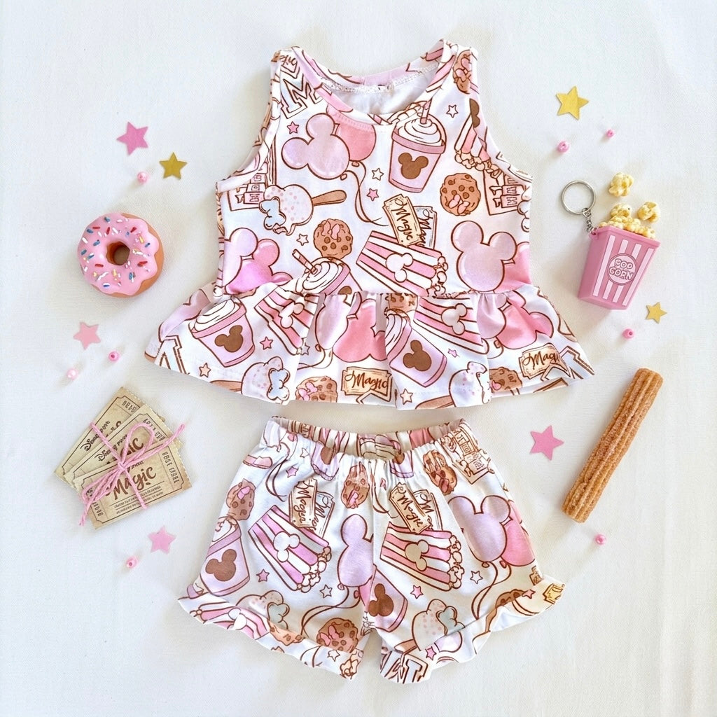Kids Handcrafted Pink Park Treats Peplum Tank & Optional Bottoms
