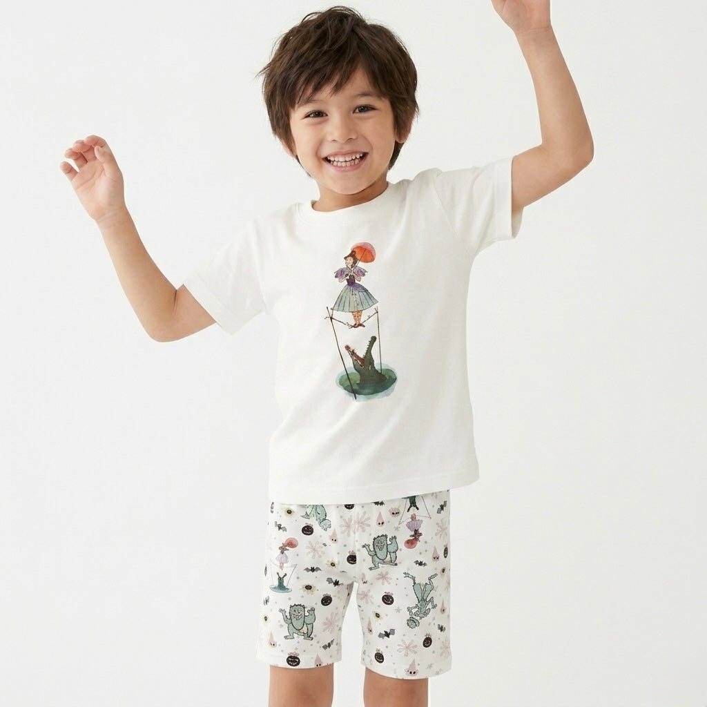 Kids Spooky Mansion Stretching Lady Graphic Tee & Optional Bottoms