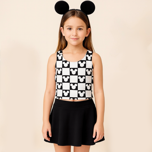 Girls Mouse Checkered Performance Seamless Tank + Skirt Set