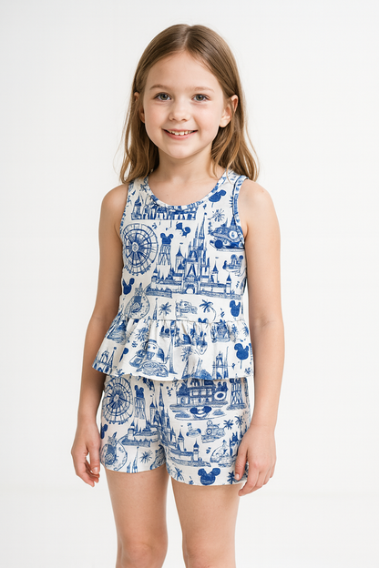 Kids Handcrafted Park Toile Flutter Tank & Optional Bottoms