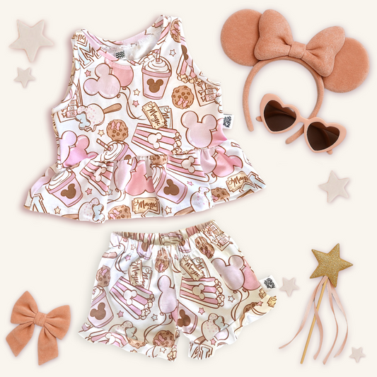 Kids Handcrafted Pink Park Treats Ruffle Tank & Optional Bottoms