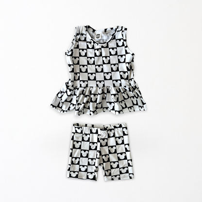 Kids Handcrafted Monochrome Mouse Checks Flutter Tank & Optional Bottoms