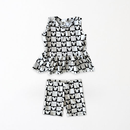 Kids Handcrafted Monochrome Mouse Checks Flutter Tank & Optional Bottoms
