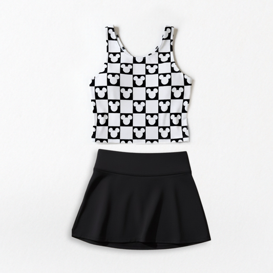 Girls Mouse Checkered Performance Seamless Tank + Skirt Set