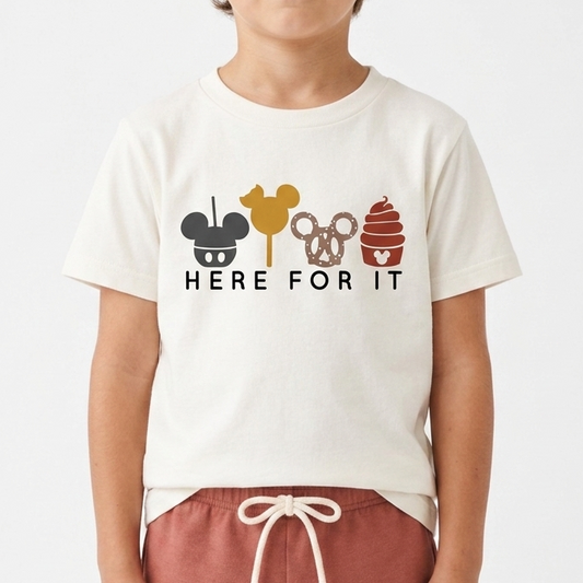 Kids “Here for the Snacks” Graphic Tee & Optional Bottoms | Earth Tones