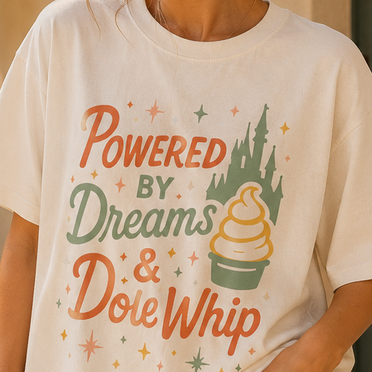 Powered by Dreams & Whip Retro Adult Graphic Tee