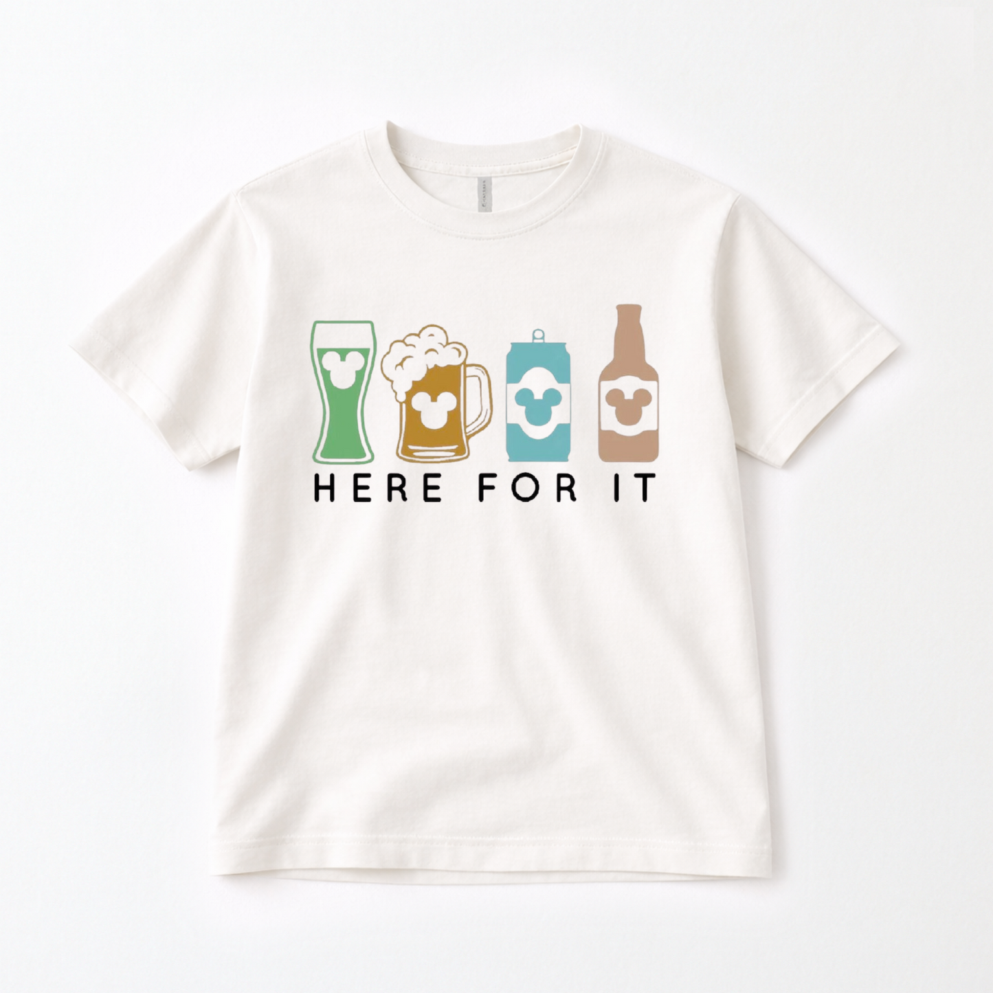 “Here for it" Adult Theme Park Drinks Graphic Tee | Pastel Tones