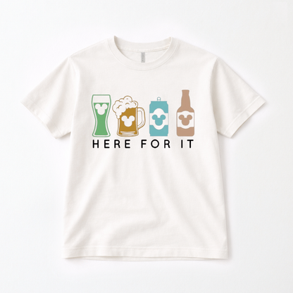 “Here for it" Adult Theme Park Drinks Graphic Tee | Pastel Tones