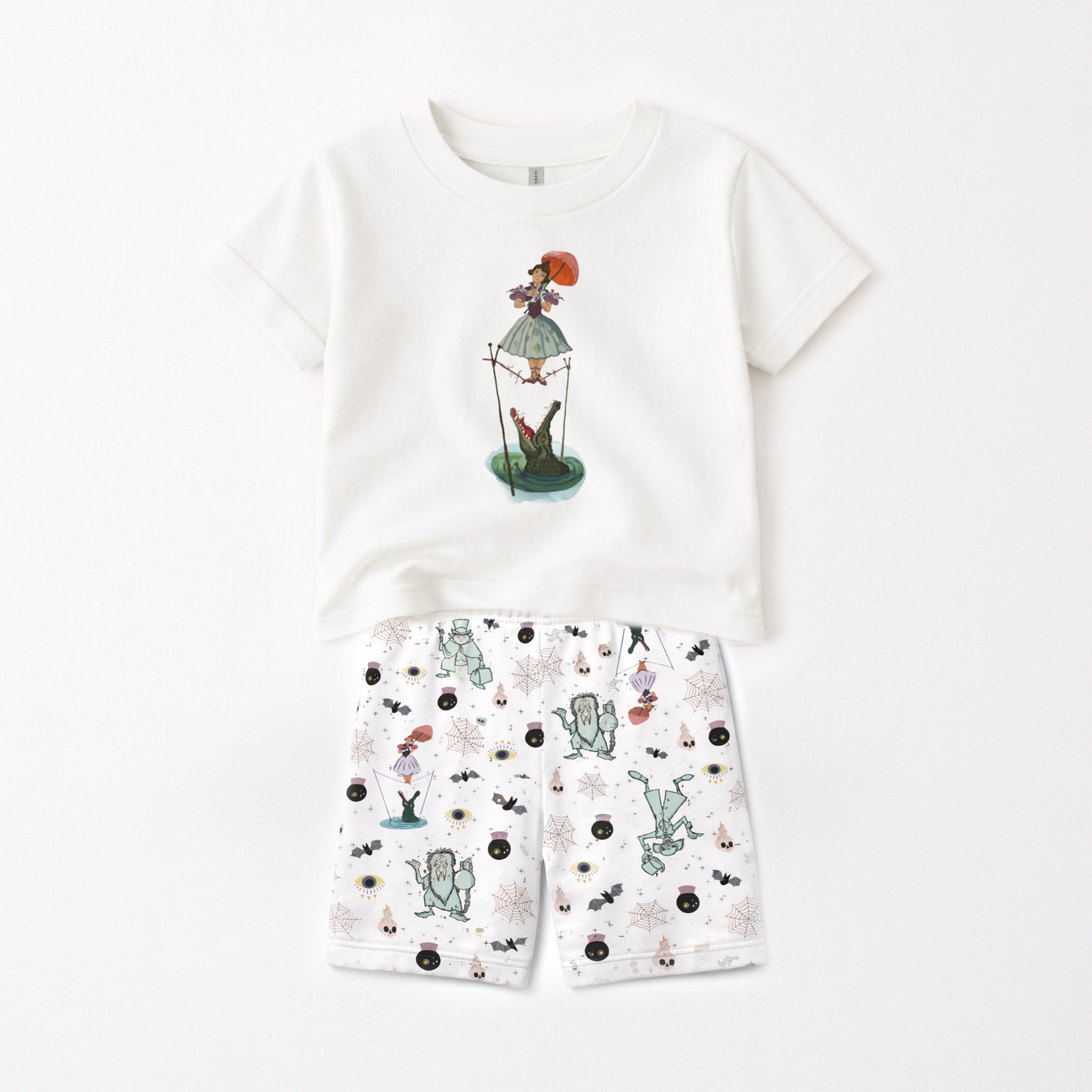 Kids Spooky Mansion Stretching Lady Graphic Tee & Optional Bottoms