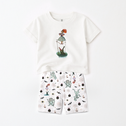 Kids Spooky Mansion Stretching Lady Graphic Tee & Optional Bottoms