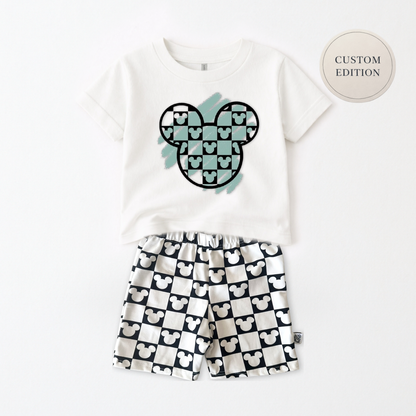 Kids Monochrome Mouse Checks Customizable Graphic Tee & Optional Bottoms