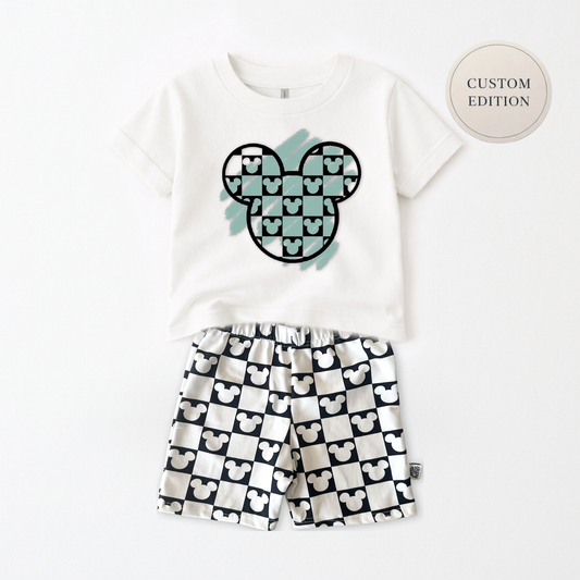 Kids Monochrome Mouse Checks Customizable Graphic Tee & Optional Bottoms
