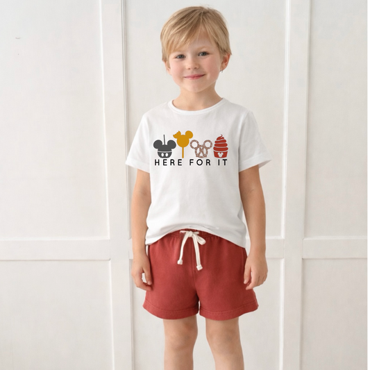Kids “Here for the Snacks” Graphic Tee & Optional Bottoms | Earth Tones