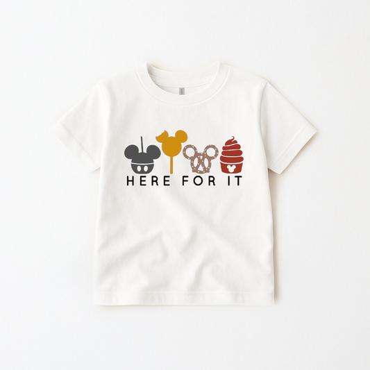 Kids “Here for the Snacks” Graphic Tee & Optional Bottoms | Earth Tones
