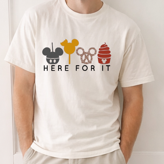 “Here for it” Park Snacks Adult Graphic Tee | Earth Tones