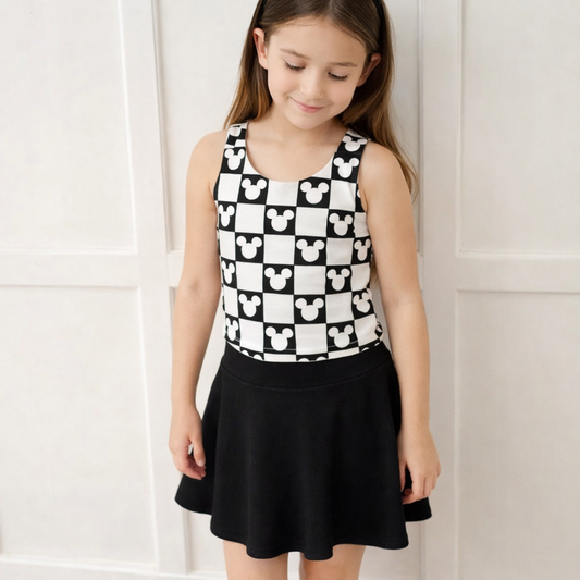 Girls Mouse Checkered Performance Seamless Tank + Skirt Set