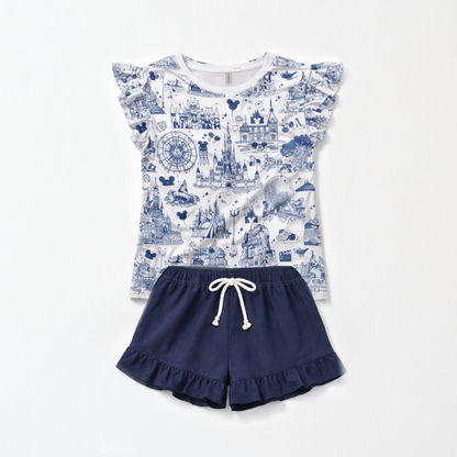 Kids Handcrafted Park Toile Flutter Tank & Optional Navy Bottoms