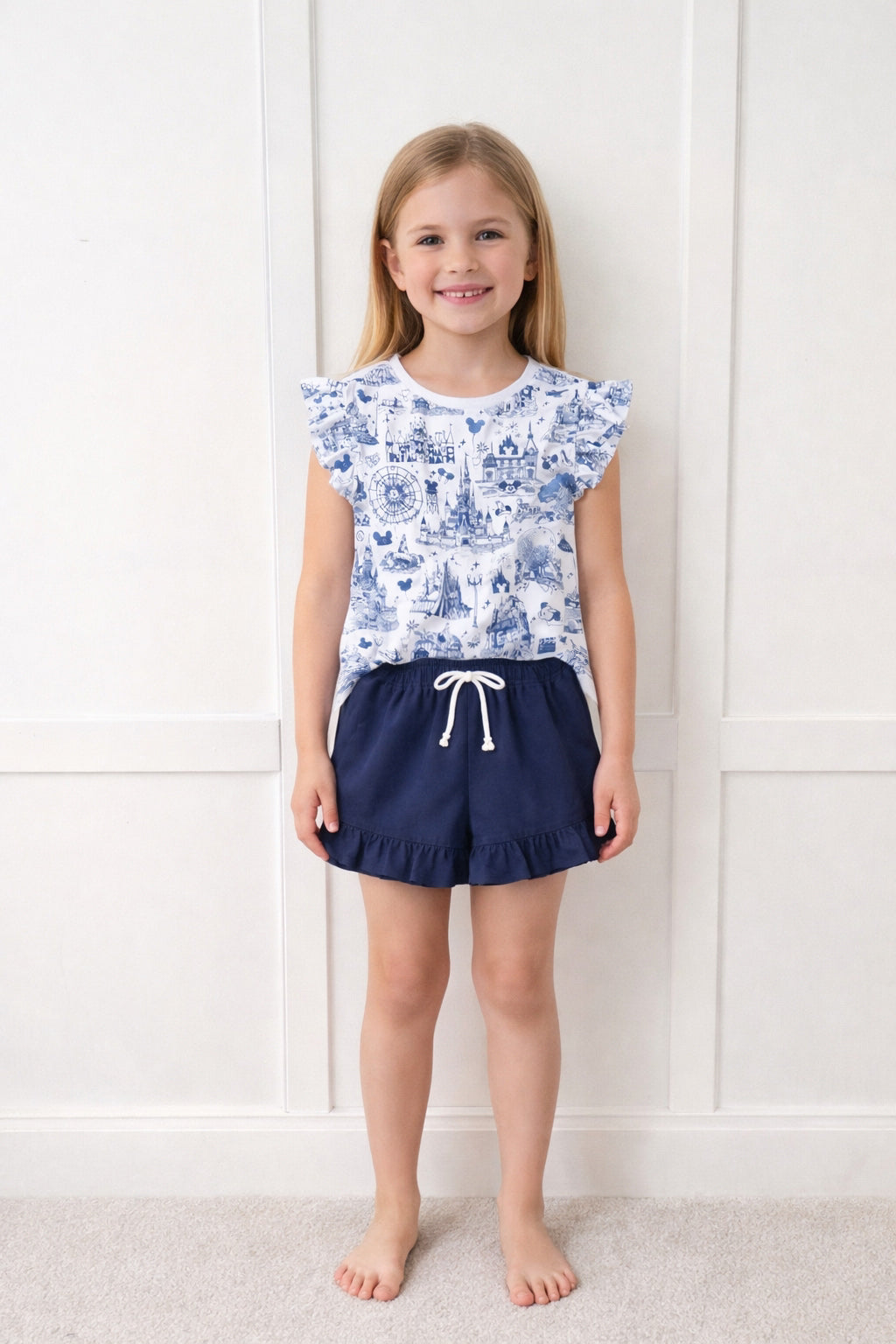 Kids Handcrafted Park Toile Flutter Tank & Optional Navy Bottoms