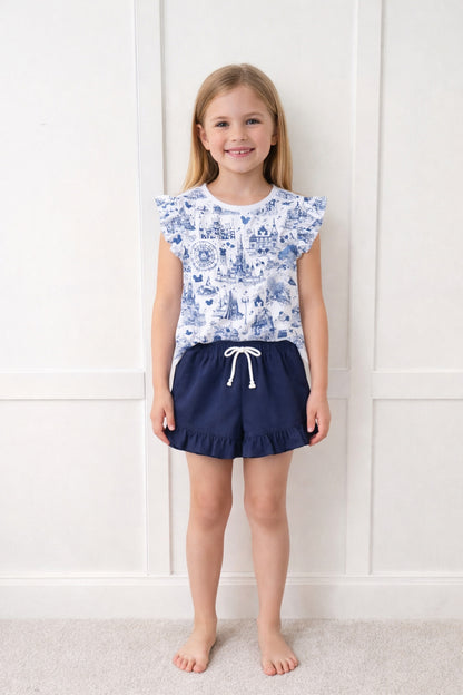 Kids Handcrafted Park Toile Flutter Tank & Optional Navy Bottoms