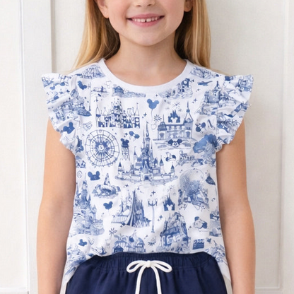 Kids Handcrafted Park Toile Flutter Tank & Optional Navy Bottoms