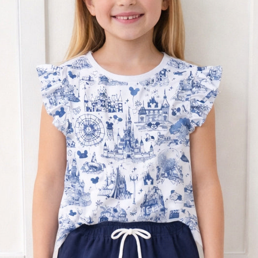 Kids Handcrafted Park Toile Flutter Tank & Optional Navy Bottoms