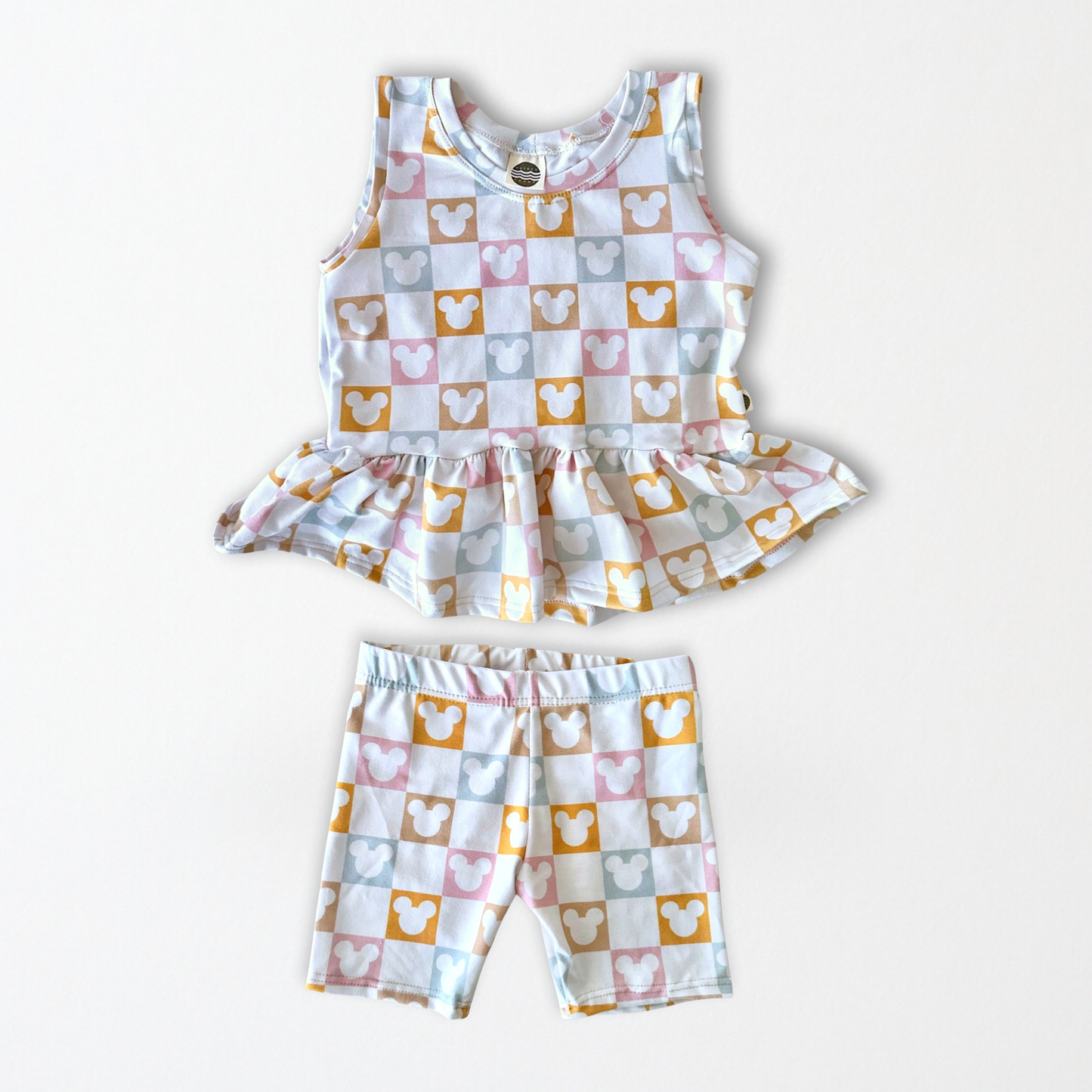 Kids Handcrafted Pastel Mouse Check Ruffle Top & Optional Bottoms