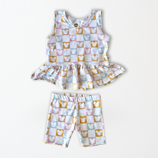 Kids Handcrafted Pastel Mouse Check Ruffle Top & Optional Bottoms