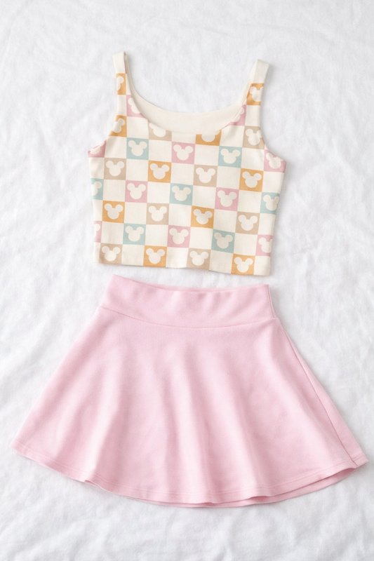 Women's Pastel Mouse Checker Performace Seamless Tank + Skirt Set