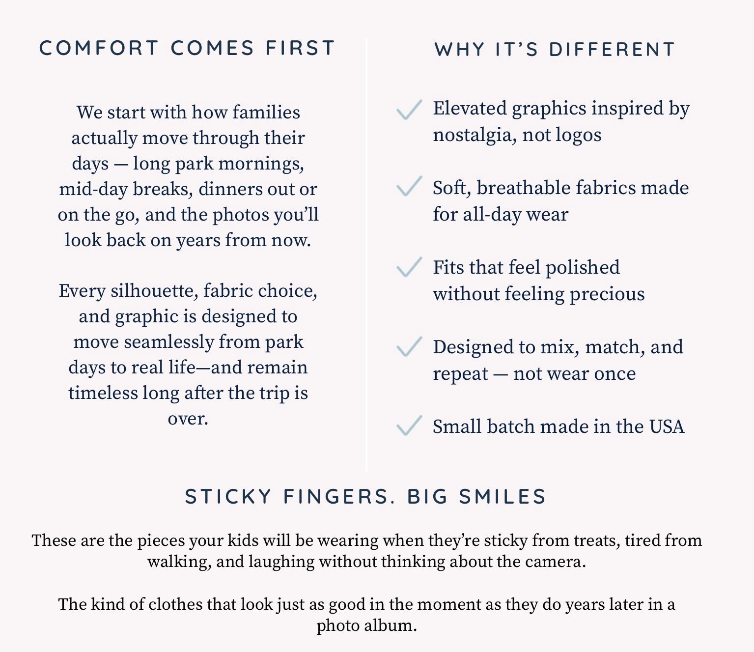 Text describing comfort-focused clothing brand with key features and values.