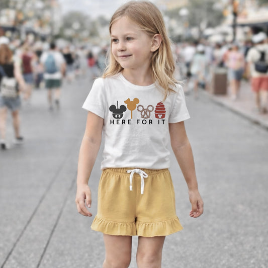 Kids “Here for the Snacks” Graphic Tee & Optional Bottoms | Earth Tones