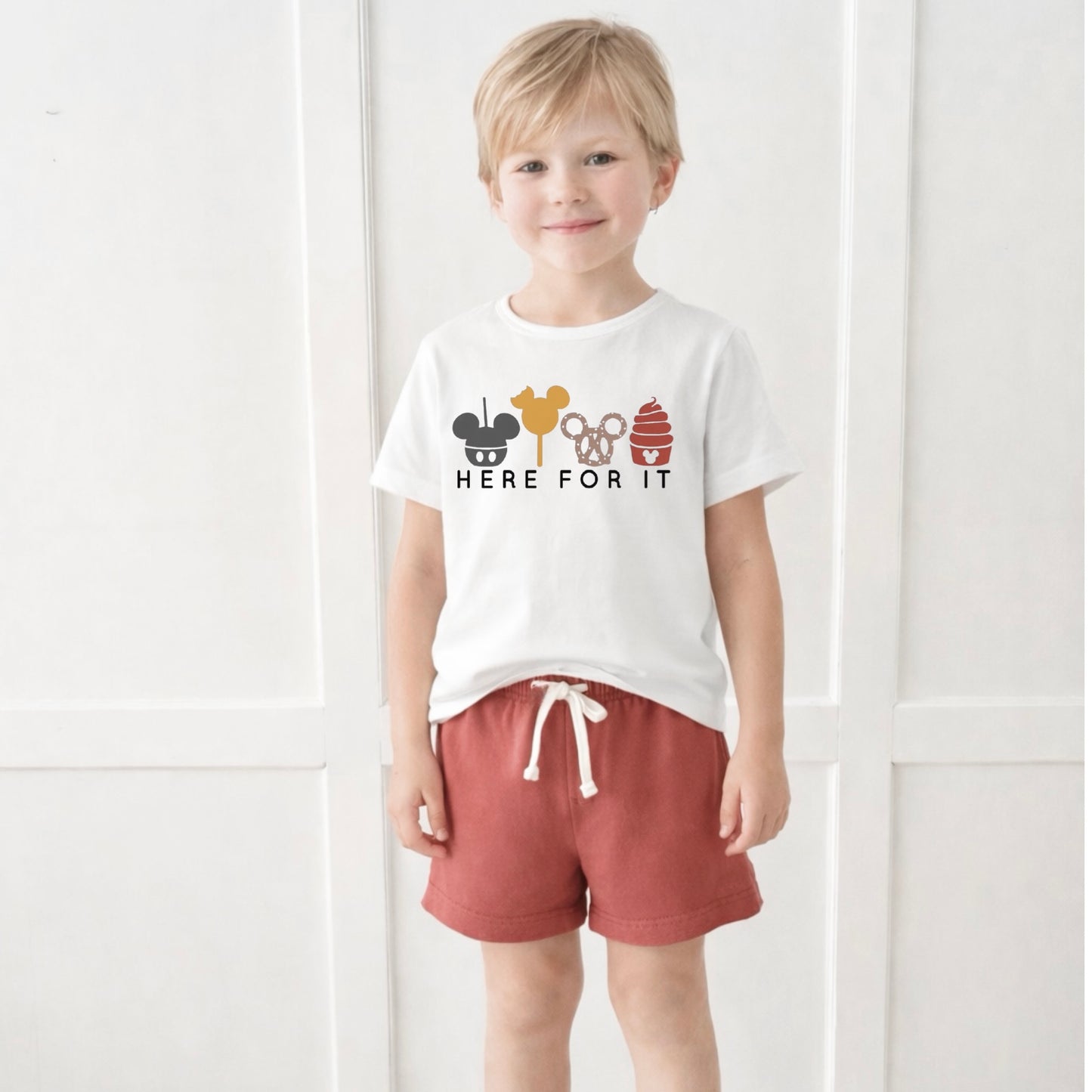 Kids “Here for the Snacks” Graphic Tee & Optional Bottoms | Earth Tones