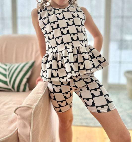 Kids Handcrafted Monochrome Mouse Checks Flutter Tank & Optional Bottoms