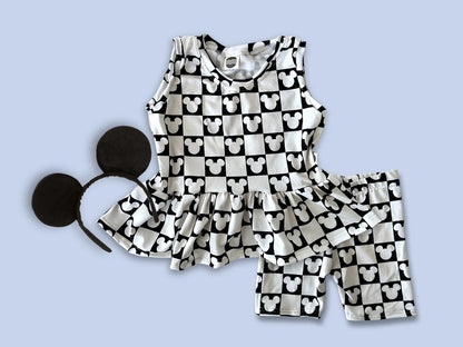 Kids Handcrafted Monochrome Mouse Checks Flutter Tank & Optional Bottoms